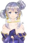  1girl asymmetrical_hair bare_shoulders blue_eyes braid braided_bun breasts cleavage closed_mouth collarbone crown_braid doraeshi double_bun elbow_gloves gloves gold grey_hair hair_bun hands_up highres jewelry large_breasts long_hair looking_at_viewer neck_ring original purple_gloves short_hair_with_long_locks sidelocks simple_background smile solo strapless white_background 