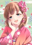  1girl blue_eyes blush breasts brown_hair egasumi floral_background floral_print gradient_scarf green_background hair_ornament hand_on_own_face idolmaster idolmaster_cinderella_girls idolmaster_cinderella_girls_starlight_stage japanese_clothes kanzashi kimono long_sleeves looking_at_viewer medium_breasts nonono_(1399900) obi open_mouth pink_kimono pink_scarf print_kimono sakuma_mayu sash scarf short_hair smile solo upper_body wide_sleeves 