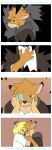  4_fingers anthro blue_eyes blush canid clothed clothing comic cyade cyade_(character) dipstick_ears duo eyes_closed female fingers fur hair hi_res hoodie inner_ear_fluff mammal multicolored_ears ria simple_background standing text topwear tuft x_eye 