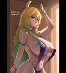  1girl armlet blonde_hair breasts cleavage covered_nipples dragon_girl dragon_horns feikyart gradient_hair green_hair heterochromia highres holding_own_horn horns huge_breasts kobayashi-san_chi_no_maidragon long_hair lucoa_(maidragon) multicolored_hair navel open_mouth slingshot_swimsuit solo swimsuit yellow_pupils 