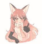  1girl animal_ears black_gloves blush bow bowtie brown_eyes elbow_gloves extra_ears fox_ears fox_girl gloves highres kemono_friends kuromitsu_(9633_kmfr) long_hair looking_at_viewer necktie red_fox_(kemono_friends) red_hair shirt simple_background solo straight_hair upper_body 