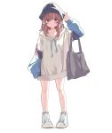  1girl absurdres aoi_tori bag blue_footwear blush brown_hair closed_mouth collarbone drawstring full_body grey_bag grey_headwear hand_up highres hood hoodie long_hair looking_at_viewer multicolored_clothes multicolored_hoodie original oversized_clothes purple_eyes shoulder_bag sidelocks simple_background sleeves_past_wrists solo white_background 