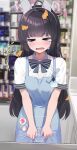  &gt;_&lt; 1girl ahoge angel&#039;s_24_uniform_(blue_archive) animal_ears apron apron_grab badge black_bow black_bowtie black_hair blue_apron blue_archive blurry blurry_background blush bow bowtie breasts convenience_store crying fake_animal_ears halo highres indoors leaf leaf_on_head long_hair miyu_(blue_archive) miyu_(lawson)_(blue_archive) name_tag official_alternate_costume rabbit_ears ryouta_(ryouta335) shirt shop small_breasts solo straight_hair striped striped_bow striped_bowtie tears translation_request very_long_hair white_shirt 
