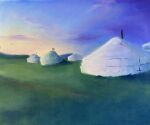  grass grasslands highres morning no_humans original painting_(medium) sakaue111 scenery sunrise tent traditional_media watercolor_(medium) yurts 