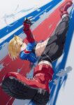  1girl abs black_pants blonde_hair blue_eyes blue_jacket boots cammy_white crop_top cropped_jacket fingerless_gloves gloves highres jacket midriff pants red_footwear short_hair solo split street_fighter tight tight_pants yagi2013 
