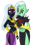  2018 alien alien_humanoid black_body black_skin bottomwear breasts centinel303 clothed clothing disney duck_dodgers duo eyebrows female female/female fingers gloves green_body green_skin hair hand_on_hip hand_on_own_hip handwear holding_breast humanoid long_hair looking_down lord_dominator martian midriff mouthless navel noseless not_furry open_mouth pink_sclera purple_eyes queen_tyr&#039;ahnee simple_background standing tongue topwear translucent translucent_clothing wander_over_yonder white_background white_hair 