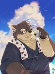  3:4 anthro asian_clothing bottle canid canine canis clothing container domestic_dog east_asian_clothing eyebrows fur grey_body grey_fur hi_res japanese_clothing kimono lifewonders male mammal moritaka musclegut pawpads pecs scar solo thick_eyebrows tokyo_afterschool_summoners water_bottle wawwarks0074 