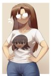  1girl azumanga_daioh brown_hair collarbone denim glasses hand_on_own_hip highres jeans long_hair mafurara mizuhara_koyomi pants standing 