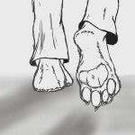  1:1 2022 4_toes anthro barefoot black_and_white bottomwear claws clothing digital_drawing_(artwork) digital_media_(artwork) extreme_size_difference feet foot_fetish foot_focus larger_anthro larger_male macro male micro monochrome pants pawpads paws plantigrade simple_background size_difference sketch smellslikejavier solo stick_figure stomping stuck_to_foot toes unaware walking 