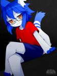  2017 4_toes amber_eyes anthro arm_support artist_logo artist_name barefoot biped black_claws black_nose blue_body blue_bottomwear blue_clothing blue_ears blue_fur blue_hair blue_shorts blue_tail bottomwear claws clothed clothing crossed_legs devil-vox devy_(devil-vox) digital_drawing_(artwork) digital_media_(artwork) domestic_cat dutch_angle evil_grin eyewear feet felid feline felis finger_claws fur glasses hair kemono logo looking_at_viewer looking_down looking_down_at_viewer male mammal markings monotone_hair multicolored_body multicolored_fur notched_ear rectangular_glasses red_clothing red_shirt red_t-shirt red_topwear ring_(marking) ringtail shirt shorts sitting smile smirk solo t-shirt tail tail_markings toes topwear two_tone_body two_tone_fur two_tone_tail 