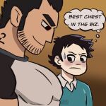  2boys aqua_shirt artist_name bara black_hair black_shirt blush closed_mouth english_text facial_hair from_side girl_staring_at_guys_chest_(meme) large_pectorals looking_at_pectorals lucas_lee male_focus meme multiple_boys muscular muscular_male neck_tattoo pectorals scott_pilgrim_(series) scott_pilgrim_takes_off shirt short_hair smile tattoo teague_labrosse wallace_wells white_shirt 