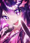  +_+ 1girl absurdres blurry_edges blush close-up fingernails hair_between_eyes highres holding holding_microphone hoshino_ai_(oshi_no_ko) microphone neon_palette nose_blush open_mouth oshi_no_ko pink_nails pink_shirt pointing pointing_at_viewer purple_eyes purple_hair shirt smile sparkle sparkling_eyes sweat sweatdrop symbol-shaped_pupils vvpxo 