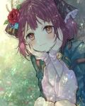  1girl atelier_(series) atelier_sophie atelier_sophie_2 black_ribbon blue_flower blush braid closed_mouth fingernails flower frilled_ribbon frills hair_flower hair_ornament hair_ribbon hands_on_own_face hands_up hani_(udauda) leaf long_sleeves orange_eyes purple_hair red_flower red_rose ribbon ribbon-trimmed_sleeves ribbon_trim rose short_hair side_braid smile solo sophie_neuenmuller 