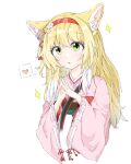  1girl animal_ear_fluff animal_ears arknights blonde_hair chinese_commentary chinese_knot commentary_request cropped_torso flower fox_ears fox_girl green_eyes hair_flower hair_ornament hairband heart japanese_clothes kimono long_hair long_sleeves looking_at_viewer multicolored_hair official_alternate_costume parted_lips pink_kimono red_hairband ruoli623 solo sparkle speech_bubble spoken_heart steepled_fingers suzuran_(arknights) suzuran_(yukibare)_(arknights) tassel two-tone_hair white_flower white_hair wide_sleeves 
