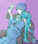  akame_(akame0516) aqua_hair bags_under_eyes bare_shoulders black_suit blue_dress cigarette clothing_cutout dress empty_eyes evillious_nendaiki formal frilled_dress frills grey_eyes hand_on_another&#039;s_back hatsune_miku highres holding_another&#039;s_wrist hug husband_and_wife kaito_(vocaloid) kaspar_blankenheim long_hair margarita_blankenheim nemurase_hime_kara_no_okurimono_(vocaloid) pale_skin purple_background short_hair shoulder_cutout sitting smoking suit twintails very_long_hair vocaloid 