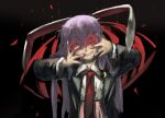  1girl animal_ears black_jacket blazer collared_shirt crazy_grin crescent crescent_pin grin hair_between_eyes jacket long_hair long_sleeves looking_at_viewer necktie purple_hair rabbit_ears red_eyes red_necktie reisen_udongein_inaba shirt smile solo sparkle71059204 touhou upper_body white_shirt 