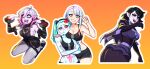  4girls :d adventure_time ahoge anger_vein artificial_eye artist_name bare_shoulders black_gloves black_hair black_shorts black_sports_bra blonde_hair blue_eyes blue_hair blue_skin blush blushyspicy breast_envy breast_press breasts briar_(league_of_legends) collarbone colored_sclera colored_skin crossed_arms cyberpunk_(series) cyberpunk_edgerunners detached_sleeves elbow_gloves english_commentary english_text fangs fingernails gloves gradient_hair green_eyes green_hair grey_eyes grey_hair grey_skin grin hair_between_eyes headgear height_difference highres large_breasts league_of_legends looking_at_breasts looking_at_viewer lucy_(cyberpunk) marceline_abadeer mechanical_eye medium_support_(meme) meme midriff multicolored_eyes multicolored_hair multiple_girls navel open_mouth orange_background outline pale_skin pink_hair pink_sclera pink_tattoo pointing pointing_at_self pointy_ears pout purple_lips rebecca_(cyberpunk) red_background red_hair red_pupils red_sclera seiza sharp_fingernails sharp_teeth shiny_skin short_hair short_shorts shorts sitting small_breasts smile speech_bubble sports_bra sportswear squiggle stomach_tattoo tattoo teeth tongue tongue_out two-tone_hair upper_teeth_only v vampire white_background white_hair white_outline 