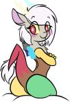  2023 anthro antlers blush blush_lines butt chimera crossgender digital_drawing_(artwork) digital_media_(artwork) discord_(mlp) draconequus eye_through_hair female flat_colors friendship_is_magic fur hair hasbro hi_res horn looking_at_viewer looking_back looking_back_at_viewer mtf_crossgender multicolored_body my_little_pony red_eyes red_tail shinkaku simple_background solo tail translucent translucent_hair white_background white_hair yellow_sclera 