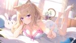  1girl animal_ears bare_shoulders barefoot bedroom blonde_hair blush bow breasts cat_ears cat_tail cleavage curtains feet_up frilled_nightgown hair_ornament hairclip highres large_breasts long_hair nightgown on_bed otter_paw_(otter696969) pink_bow pink_nightgown plant pointing potted_plant purple_eyes solo stuffed_animal stuffed_rabbit stuffed_toy sunlight tail virtual_youtuber white_nightgown window 