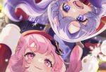  2girls blue_archive blurry blush close-up depth_of_field english_commentary facing_viewer hair_ornament hanae_(blue_archive) hanae_(christmas)_(blue_archive) heart heart_hair_ornament highres lazy_cat looking_at_another multiple_girls official_alternate_costume pink_hair purple_eyes purple_hair serina_(blue_archive) serina_(christmas)_(blue_archive) smile snowflakes teeth twitter_username upper_teeth_only upside-down 