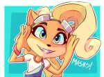  2020 activision alex-toons anthro blonde_hair clothing coco_bandicoot crash_bandicoot_(series) english_text eyewear eyewear_on_head female goggles goggles_on_head green_eyes hair lipstick looking_at_viewer makeup mammal marsupial overalls simple_background smile solo text 