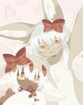  2girls abstract_background animal_ears bow bowtie brown_fur faputa furry furry_female heart heart_background highres made_in_abyss monster_girl multiple_girls nanachi_(made_in_abyss) open_mouth red_bow red_bowtie selfie smile tatososu yellow_eyes 