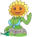  big_breasts bottomwear breasts clothed clothing electronic_arts elemental_creature elemental_humanoid female flora_fauna flower flower_creature green_body hi_res humanoid not_furry petals plant plant_humanoid plants_vs._zombies popcap_games shirt shorts simple_background smile solo sunflower sunflower_(pvz) topwear urusee584 watering_can white_background 