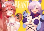  2girls animal_ear_fluff animal_ears animal_hands apron blush breasts cat_hair_ornament cat_paws copyright_name elbow_gloves english_text fang fate/grand_order fate_(series) fox_ears fox_girl fox_tail fur-trimmed_gloves fur-trimmed_legwear fur_bikini fur_collar fur_trim gloves hair_ornament halloween_costume highres large_breasts looking_at_viewer maid_headdress mash_kyrielight mash_kyrielight_(dangerous_beast) multiple_girls naked_apron o-ring o-ring_top open_mouth paw_gloves pink_hair purple_eyes purple_gloves purple_hair purple_tail red_eyes revealing_clothes sabi1234 short_hair skin_fang tail tamamo_(fate) tamamo_cat_(fate) tamamo_cat_(third_ascension)_(fate) white_apron wolf_ears wolf_tail 