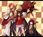  1boy 2girls black_hair buster_shirt checkered_background fate/grand_order fate_(series) flower hair_flower hair_ornament hair_over_one_eye hat headphones headphones_around_neck instrument japanese_clothes kimono komahime_(fate) long_hair military_hat multiple_girls oda_nobunaga_(fate) oda_nobunaga_(swimsuit_berserker)_(fate) oda_nobunaga_(swimsuit_berserker)_(first_ascension)_(fate) orizu_lm over_shoulder plectrum pointing pointing_up red_hair shamisen sunglasses takasugi_shinsaku_(fate) weapon weapon_over_shoulder wide_sleeves 