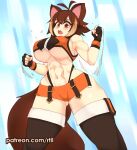  2023 animal_humanoid big_breasts big_tail blazblue blush bottomwear breasts brown_eyes brown_hair clothing female hair humanoid looking_at_viewer makoto_nanaya mammal mammal_humanoid midriff motion_lines multicolored_hair muscular muscular_female navel open_mouth patreon rodent rodent_humanoid rtil sciurid sciurid_humanoid solo standing tail teeth text thick_thighs topwear tree_squirrel_humanoid under_boob url watermark wide_hips 