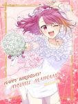  2023 ;d absurdres arm_up blonde_hair bouquet bracelet collarbone dated dress flower framed hair_ribbon happy_birthday highres holding holding_bouquet idolmaster idolmaster_million_live! idolmaster_million_live!_theater_days jewelry leg_up long_hair looking_at_viewer maihama_ayumu multicolored_hair nail_polish necklace one_eye_closed open_mouth pantyhose pink_hair ponytail red_eyes red_nails ribbon see-through see-through_sleeves shiro_(ongrokm) short_dress smile standing standing_on_one_leg two-tone_hair white_dress white_flower white_pantyhose white_ribbon 