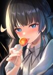  1girl absurdres black_hair black_ribbon blue_eyes blush candy collared_shirt commentary_request food highres holding holding_candy holding_food holding_lollipop licking lollipop long_hair looking_at_viewer maeshimashi neck_ribbon original ribbon saliva shirt sidelocks solo sweat upper_body white_shirt 