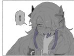  1girl alternate_hairstyle bags_under_eyes blush cevio coat colored_tongue commentary disembodied_limb embarrassed fangs finger_in_another&#039;s_mouth furrowed_brow greyscale hair_ornament hair_over_one_eye high_collar highres isozaki_(iso_zaki54) kamitsubaki_studio long_hair looking_at_viewer monochrome multicolored_hair nose_blush one_eye_covered open_mouth purple_hair purple_tongue sanpaku sekai_(cevio) sidelocks simple_background solo_focus speech_bubble spot_color streaked_hair tongue tongue_grab tongue_out translated upper_body 