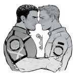  2boys bara blush chris_redfield closed_mouth couple greyscale highres jacket large_pectorals looking_at_another male_focus monochrome monster multiple_boys muscular muscular_male noracatr pectorals peeking_out piers_nivans resident_evil resident_evil_6 shirt short_hair twitter_username upper_body yaoi 