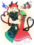  2girls ;3 ;d animal_ears black_bow blunt_bangs blunt_tresses blush_stickers bow brown_hair cat_ears cat_tail chen chen_(cat) closed_eyes commentary dress english_commentary extra_ears friends green_dress hair_bow hair_ribbon heart heart_tail height_difference highres himuhino hug juliet_sleeves kaenbyou_rin kaenbyou_rin_(cat) long_hair long_sleeves looking_at_another medium_hair multiple_girls multiple_tails nekomata one_eye_closed open_mouth pointy_ears puffy_sleeves red_dress red_eyes red_hair ribbon simple_background smile tail touhou tress_ribbon two_tails white_background yuri 