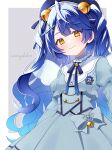  1girl ahoge amamiya_kokoro amamiya_kokoro_(1st_costume) bell blue_dress blue_hair blue_headwear blush dress gradient_hair hair_bell hair_ornament juliet_sleeves long_hair long_sleeves mi_(taberu_tmg) multicolored_hair nijisanji puffy_sleeves solo virtual_youtuber white_wings wings yellow_eyes 