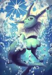  7_phi_3 :3 animal_focus blue_skin blue_sky cloud cloudy_sky colored_skin commentary_request fins forked_tail from_below head_fins highres no_humans pokemon pokemon_(creature) sky sun swimming tail vaporeon water 