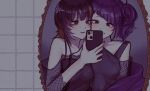  2girls asymmetrical_bangs black_hair black_shirt blunt_bangs blush collarbone diagonal_bangs fingernails fishnet_top fishnets heads_together highres holding holding_phone idolmaster idolmaster_shiny_colors ikaruga_luca indoors looking_at_phone mirror multicolored_hair multiple_girls nail_polish ore_shiny phone purple_hair reflection selfie shirt smile streaked_hair tanaka_mamimi tile_wall tiles upper_body 