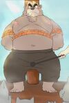  2023 2:3 anthro bear belly big_belly black_nose blush bottomwear bound brown_body clothing group hi_res humanoid_hands kemono male mammal moobs navel nipples overweight overweight_male pants rope shibatanukiti 