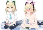  2girls animal_ear_headphones animal_ears aqua_bow aqua_necktie bare_shoulders barefoot black_shorts black_thighhighs blue_archive blush bow breasts cat_ear_headphones cat_tail collarbone collared_shirt commentary_request controller embarrassed fake_animal_ears feet game_controller green_eyes grimace halo headphones highres indian_style mechanical_tail midori_(blue_archive) momoi_(blue_archive) multiple_girls necktie nipples no_pants no_shoes nose_blush panties pink_bow pink_eyes pink_panties playing_games shirt short_hair short_shorts short_sleeves shorts siblings sisters sitting small_breasts strip_game striped striped_panties sweat swept_bangs tail teeth thighhighs toes tombox topless twins underwear wariza wavy_mouth white_panties white_shirt 
