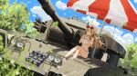  1girl absurdres beach_umbrella bikini blonde_hair blowing blue_archive blue_sky blurry blurry_background breasts cloud commentary_request crusader_(tank) cup eyewear_on_head frilled_bikini frills halo harrywang37 hifumi_(blue_archive) hifumi_(swimsuit)_(blue_archive) highres knees_up military_vehicle motor_vehicle mug navel official_alternate_costume round_eyewear sandals sitting sky small_breasts solo steam stomach sunglasses swimsuit tank teapot tree umbrella white_bikini yellow_eyes 