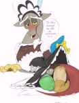  anthro antlers balls beard blush blush_lines bottomwear clawed_fingers clothed clothing clothing_lift discord_(mlp) erection erection_under_clothing facial_hair fangs feathered_wings feathers friendship_is_magic garter_straps genitals hasbro hi_res horn hybrid kogito maid_headdress maid_uniform male my_little_pony skirt skirt_lift solo spines tail tail_tuft teeth tuft uniform wings 