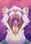 anthro bodily_fluids bust_portrait cheek_tuft facial_tuft fangs front_view fur gaping_mouth green_ears green_eyes head_tuft hi_res lionfloof looking_at_viewer mouth_shot open_mouth portrait purple_body purple_ears purple_fur red_inner_ear red_tongue saliva saliva_string solo teeth tongue tuft uvula white_body white_fur 
