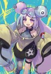  1girl :d bare_shoulders blue_background bow-shaped_hair commentary grey_pantyhose holding holding_poke_ball iono_(pokemon) jacket long_hair looking_at_viewer low-tied_long_hair multicolored_hair open_mouth oversized_clothes pantyhose pink_hair poke_ball pokemon pokemon_(game) pokemon_sv purple_eyes sharp_teeth simple_background single_leg_pantyhose sleeves_past_fingers sleeves_past_wrists smile solo split-color_hair tadano_magu teeth thigh_strap two-tone_hair very_long_hair very_long_sleeves wide_sleeves yellow_background yellow_jacket 