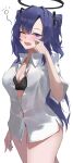  1girl absurdres black_bra blue_archive blue_eyes blush bra breasts cleavage halo highres long_hair looking_at_viewer nagiushi open_mouth parted_bangs purple_eyes purple_hair shirt short_sleeves solo two_side_up underwear white_background white_shirt yuuka_(blue_archive) 