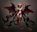  1girl armor breasts brown_hair claw_ring demon_girl demon_horns demon_tail demon_wings fantasy full_body gold_trim halo highres horns large_breasts looking_at_viewer navel nrcgray original red_eyes revealing_clothes short_hair shoulder_armor skull solo tail thighhighs wings 