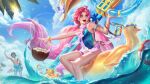  1girl :d alternate_hair_color alternate_hairstyle armlet bare_shoulders blue_one-piece_swimsuit bracelet coconut_cup day diving_mask_removed flower green_eyes green_one-piece_swimsuit gwen_(league_of_legends) hat hat_flower heterochromia highres holding holding_scissors innertube jewelry ladyofmorh league_of_legends long_hair low_twintails one-piece_swimsuit outdoors palm_tree pink_hair pool_party_(league_of_legends) scissors shiny_skin sitting smile solo sun swimsuit teeth tree twintails upper_teeth_only very_long_hair water 