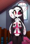 &lt;3 angel_dust anthro arachnid arthropod breasts clothed clothing crossgender cute_eyes demon detailed_background eyelashes female fur handwear hazbin_hotel hi_res legwear looking_at_viewer multi_arm multi_eye multi_limb multicolored_body multicolored_fur nun_outfit partially_clothed pink_body pink_fur smile solo spider thick_thighs two_tone_body two_tone_fur usagi_star white_body white_fur 