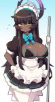  1girl absurdres alternate_costume bikini black_bikini black_hair blue_archive blue_bow blush bow breasts cleavage closed_mouth daigada dark-skinned_female dark_skin enmaided highres karin_(blue_archive) large_breasts long_hair looking_at_viewer maid solo sweat swimsuit yellow_eyes 