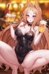  1girl ? @_@ absurdres alcohol alternate_costume animal_ears archetto_(arknights) arknights ass_visible_through_thighs bare_arms bare_legs bare_shoulders barefoot beer beer_mug black_leotard blonde_hair blue_eyes blurry blurry_background blush bow bowtie breasts cleavage covered_navel cup detached_collar drunk hands_up heterochromia highleg highleg_leotard highres holding large_breasts leotard lilac_(k32420276) long_hair looking_at_viewer mug nontraditional_playboy_bunny open_mouth red_eyes solo squatting strapless strapless_leotard thighs tray very_long_hair 